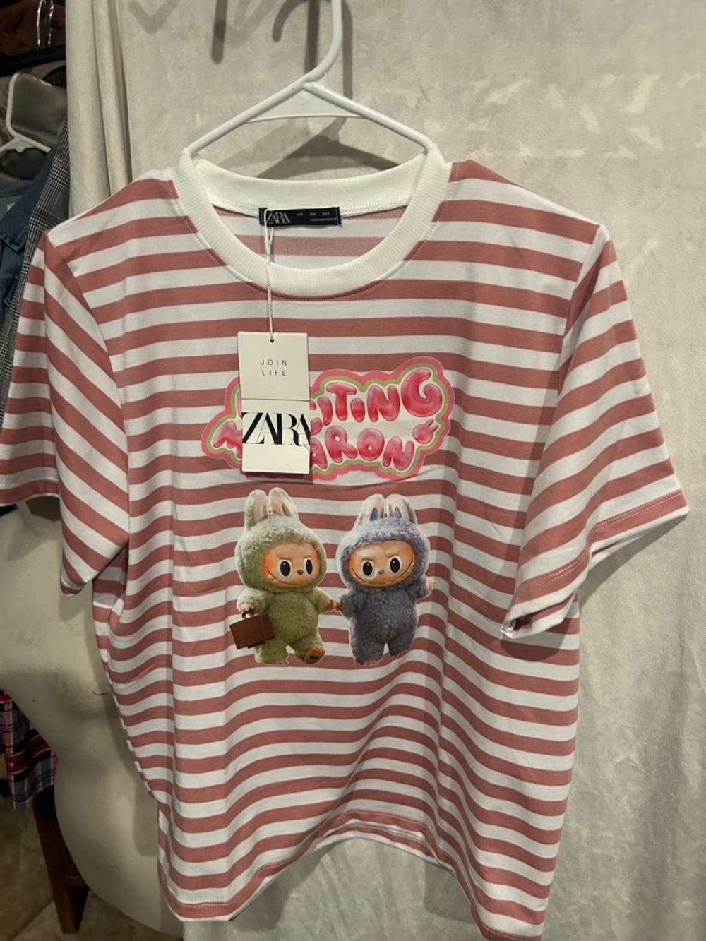 ZARA Pink and White Striped Tee with Twin Character Graphic